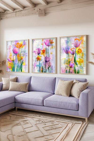 STARYUNA Wooden Framed Pastel Colored Floral Themed Triple Painting Set Ucyun...