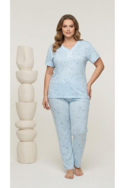 MEBA Women's Mom Plus Size Patterned Collared Buttoned Short Sleeve Combed Co...