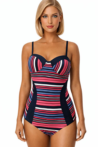 PİAURA Women's Striped Swimsuit with Gathering Details, High Comfort with Cov...