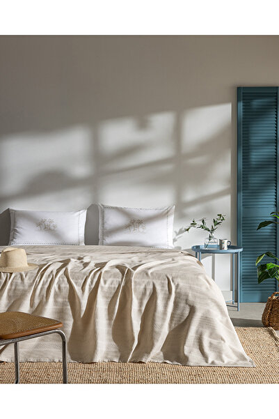 Madame Coco Mathilda King Size 100% Cotton Karde Plain Pique Set - Beige