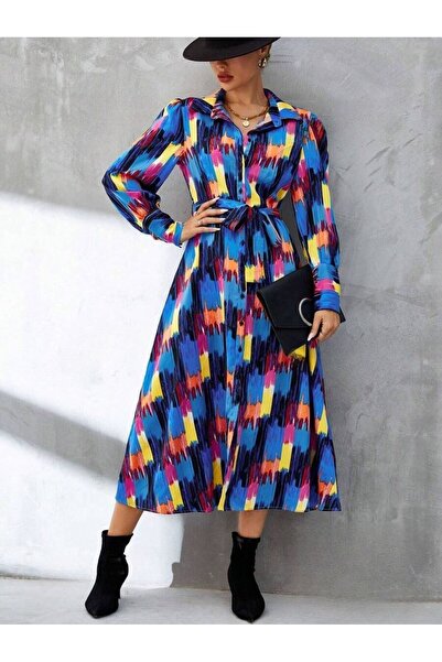 Iuliashop Dania Long Blue Dress with Multicolor Print - M