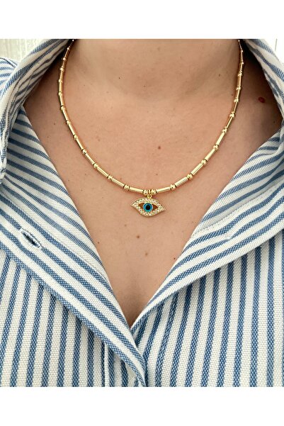 mibrillo Gold Tube Bead Detailed Necklace Summer Necklace Trendy Necklace