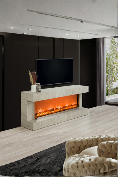 Breda Home Concept Aren Mdf Traverten Mermer Desenli Şömineli Tv Ünitesi Tv S...