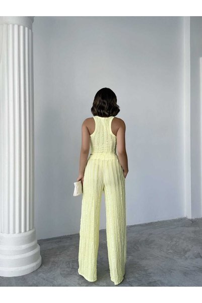 MODA GARDEN 35 Women's Black Pink Yellow Ribbed Crop Blouse Pants Set High Waist Wide Leg Summer Wear