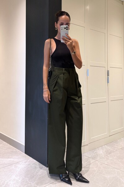 Yeşil Çift Pile Gabardin Pantolon