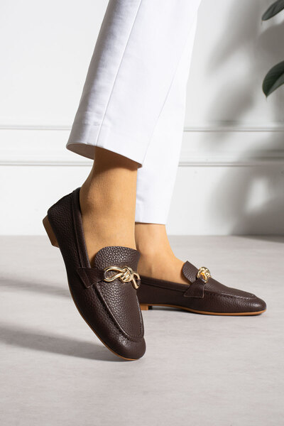 MERVESTORE Genuine Leather Gold Buckle Ballerinas