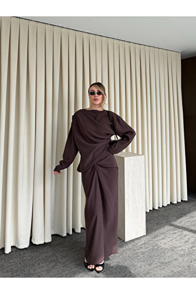 Laluvia Brown Draped Skirt Blouse Set - 0674