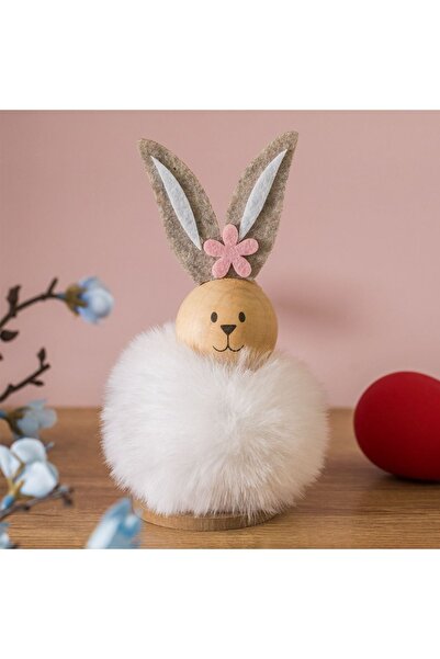 ZanaCasei Decorațiune de Paște Iepuraș din lemn cu urechi albe din blană arti...