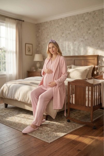 Pelin Women's Jacquard Shawl Collar Maternity 3-Piece Pajama Set