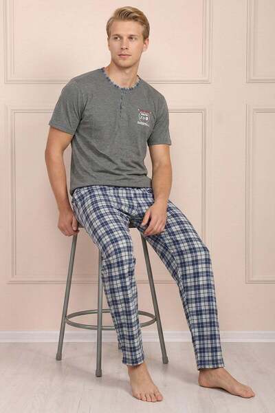 Niket Life Men's Chest Emblem Short Sleeve Long and Plaid Patterned Pajama Set