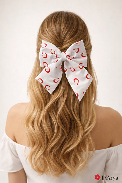 Darya D’Arya White Red Crescent Star Patterned Satin Big Bow Hair Clip – Apri...