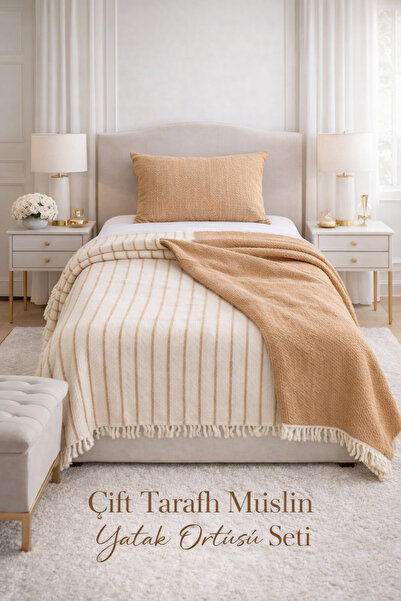 VERONİCA LİNE 8 Kat Tek Kişilik Müslin Çift Yönlü Yatak Örtüsü + Yastık Kılıf...