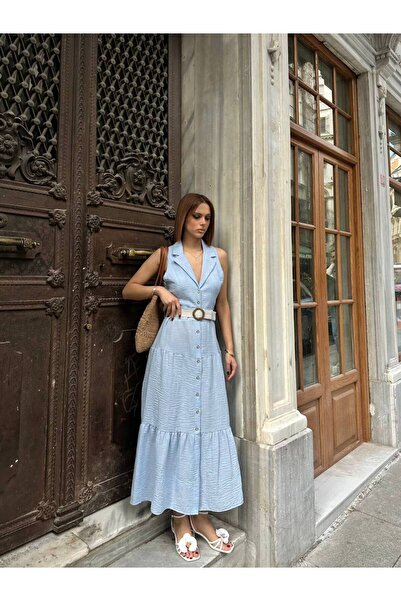 ÇEÇİM Γυναικείο φόρεμα μίντι με λεπτομέρεια ζώνης και κουμπιά ZYN-58916