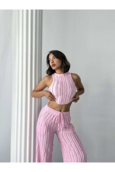 MODA GARDEN 35 Women's Black Pink Yellow Ribbed Crop Blouse Pants Set High Wa...