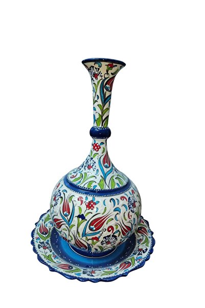hediye Gözyaşı Vazo 45 cm Tabaklı Lale Desenli Kütahya Çini
