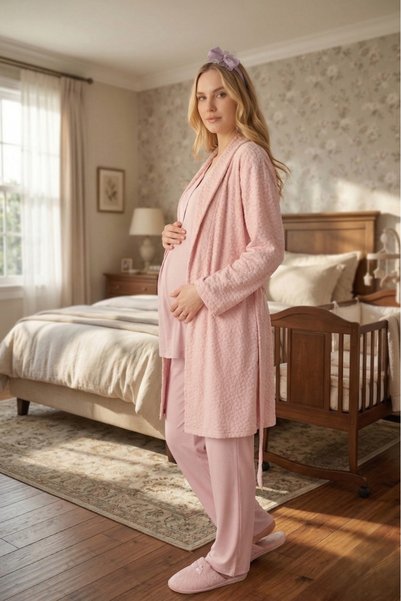 Pelin Women's Jacquard Shawl Collar Maternity 3-Piece Pajama Set