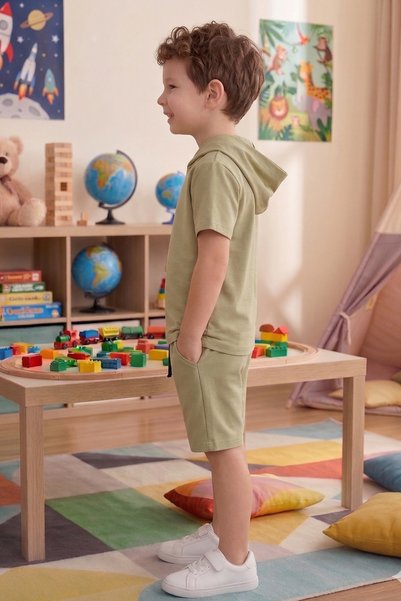 çatı moda Boys' Summer Hooded T-Shirt Shorts Set
