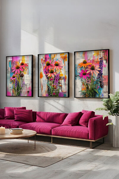 STARYUNA Σετ τριών πινάκων ζωγραφικής με θέμα το κολάζ με πολύχρωμα λουλούδια...