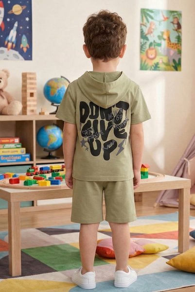 çatı moda Boys' Summer Hooded T-Shirt Shorts Set