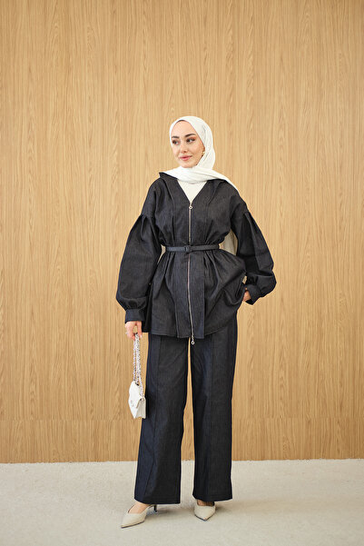 LOCCO Women's Elastic Waist V-Neck Belted Suit Navy Blue