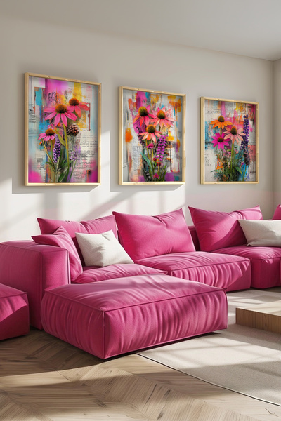 STARYUNA Wooden Framed Colorful Flower Collage Themed Triple Painting Set Ucy...