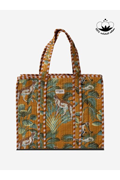 Strippe Leopar Orman Desenli Hardal Pamuklu Kumaş Günlük Omuz Çantası - Tote Bag