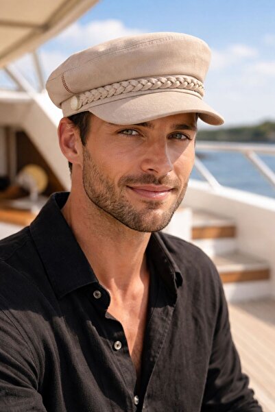 HAZAL KAYA ATELIER قبعة رجالية من القطن باللون البيج مع تفاصيل إكسسواراتية عل...