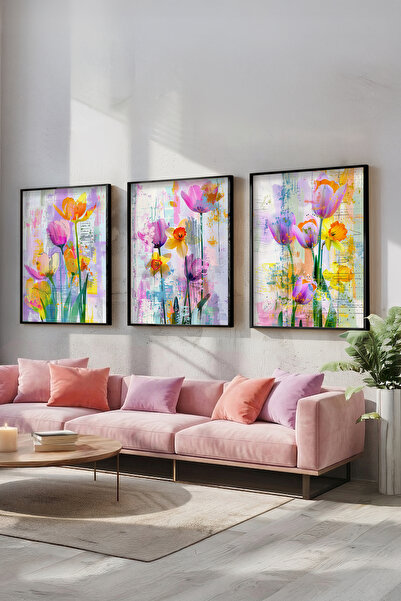 STARYUNA Μαύρο ξύλινο πλαίσιο με παστέλ χρώματα και λουλουδάτο θέμα, σετ τριώ...