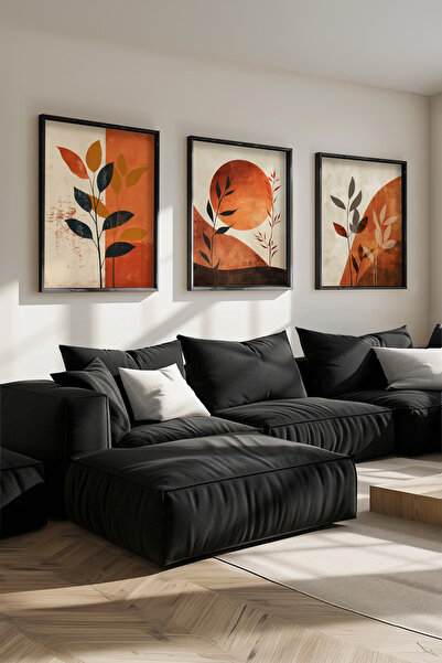 STARYUNA Σετ τριών πινάκων με αφηρημένο θέμα φυτά και ήλιο, με μαύρο ξύλινο π...