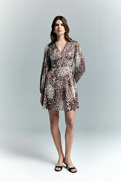 Sateen Patterned Mini Dress - Brown