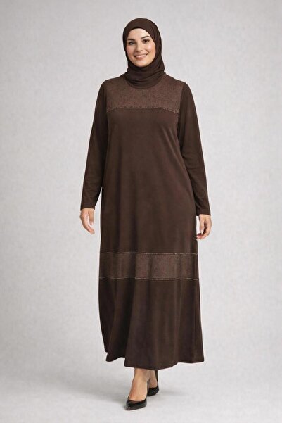 Sfg Life Moda Women's Front Patterned Stone Detailed Plain Textured Dress