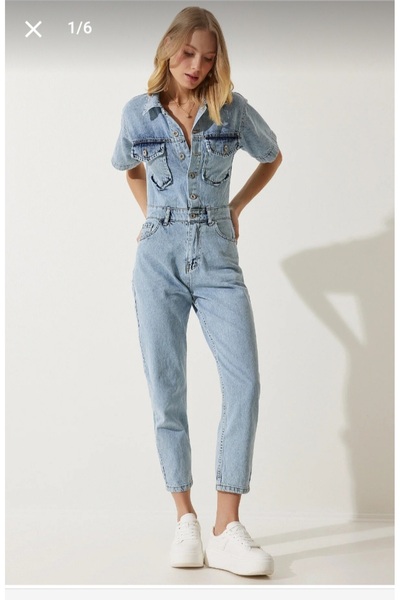 PLSSTORE Women's Short-Sleeved Denim Jumpsuit