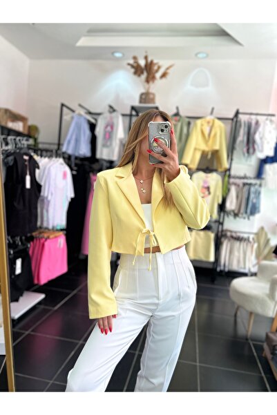 SMGBUTİK Önü Bağlamalı Crop Sarı Blazer Kadın Ceket