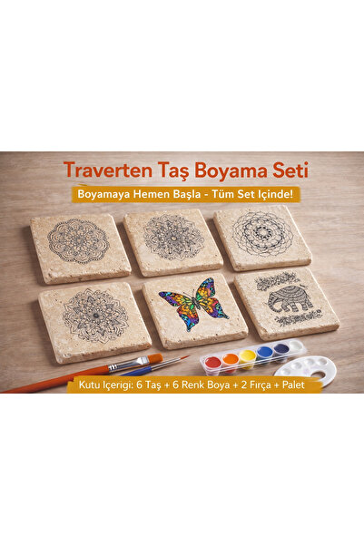 kids town 6’lı Doğal Traverten Taş Boyama Seti Mandala Desenli Taş+ Boya+Fırç...