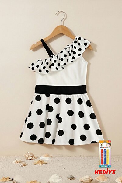 ZUZUNGA Детски бански тип рокля на точки с асиметрична яка и волани