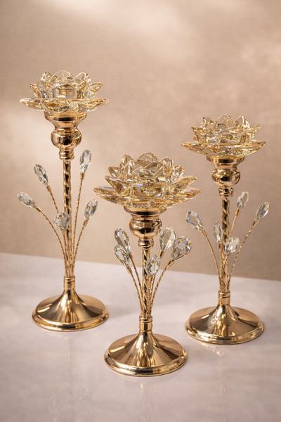 MİS KİTCHEN Lüks Gold Renk Kristal Detaylı Masa Üstü Şamdan Seti Mumluk Seti ...