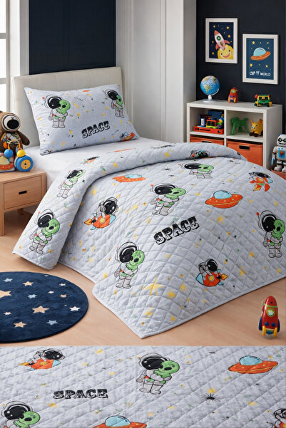 Mislina Home Astronot Çocuk Genç Pike Yatak Örtüsü Takımı Uzay Desen Kapitone...