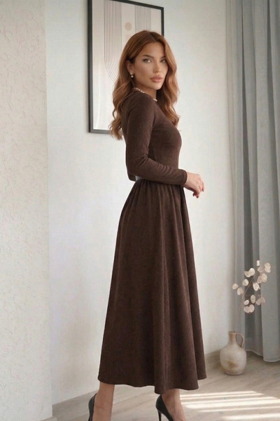 QBZ Brown Belted Flared Dress