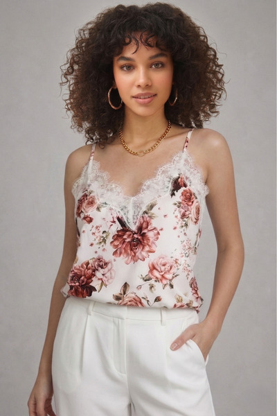 peralist Women's White Rose Patterned Printed Lace Detailed Adjustable Ring S...