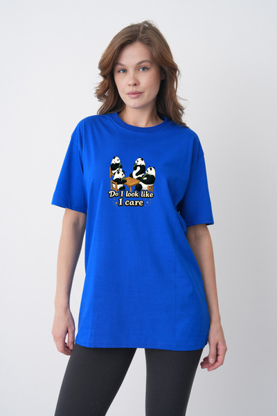 TREND EMMODA Tricou de damă din bumbac albastru Saks, cu guler rotund, cu imp...
