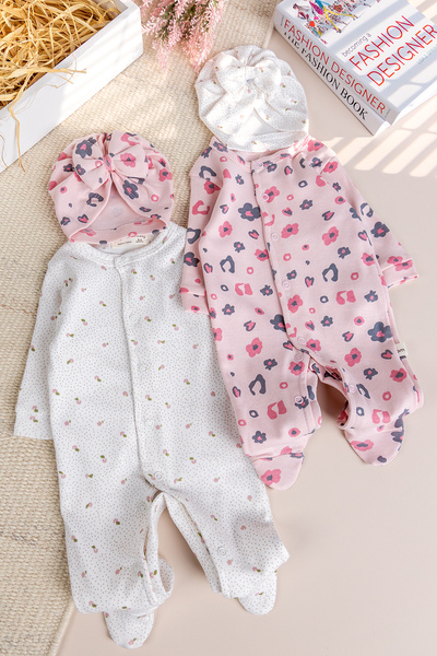 Babymod 2-Piece 100% Baby Girl Rompers with Floral Patterned Hat