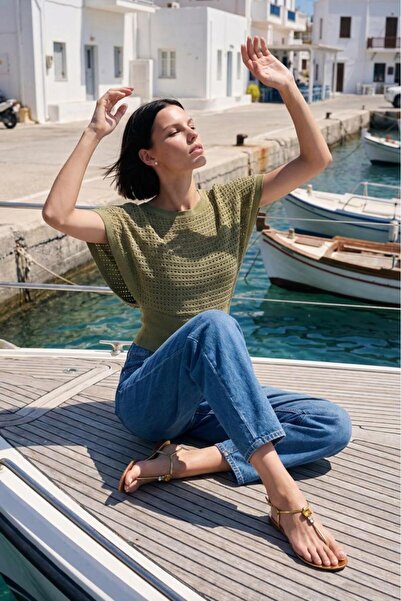 JOIN US Kayık Yaka Ajurlu Yarasa Kol Yeşil Bluz