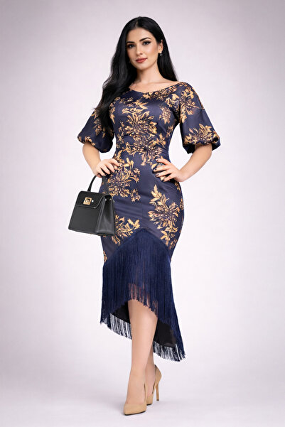 Stylish Fashion Stylish Fashion Turkish Elegant Navy Blue Maxi Dress with Hediye