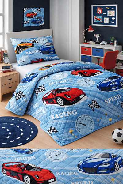 Mislina Home Erkek Çocuk Genç Pike Yatak Örtüsü Takımı Araba Desen Kapitone P...