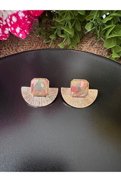 Tasarım Vip Ebruli Pembe - Gold Detaylı Yelpaze Küpe - Zra - Mng Küpe