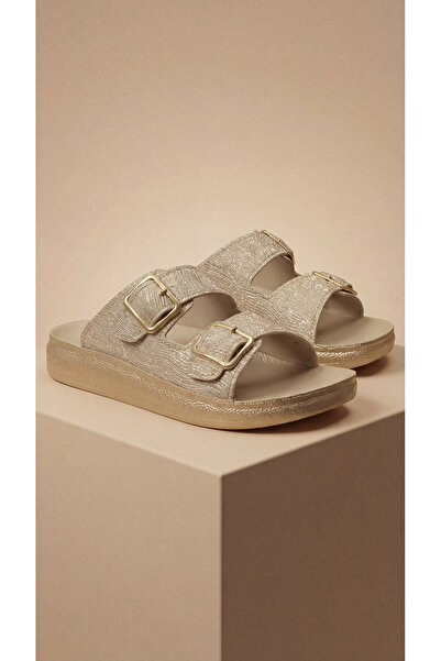 Shoebuo Γυναικείες παντόφλες με διπλή πόρπη, γκλίτερ, γυαλιστερή υφή, άνετη σ...