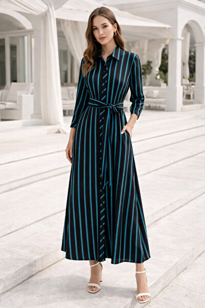 Rich Women's Black and Blue Striped Buttoned Long Sleeve Dress