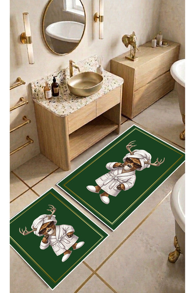 Harika bir ev Hari̇kabi̇rev | Bathroom and Toilet Mat with Bathrobe Deer Patt...