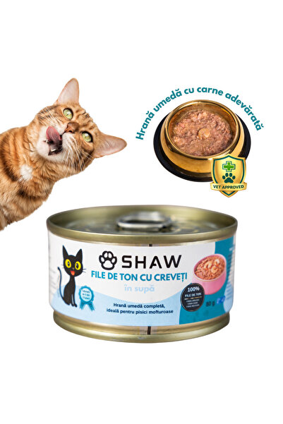 SHAW Hrană umedă premium pentru pisici, file de ton și creveți în bulion, făr...
