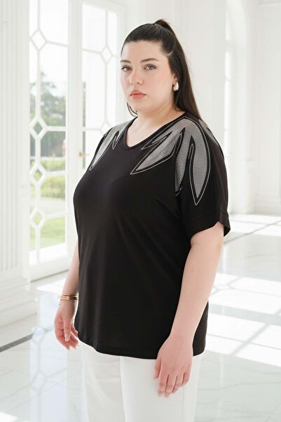 SUBU TASARIM Black Shiny Shoulder Detail Blouse Black Tbsb01